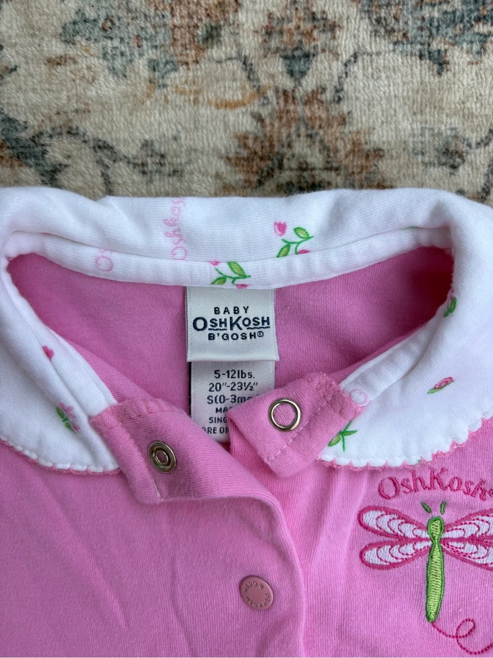 Vintage Oshkosh 0/3M Pink Short Sleeve Girls Shirt Dragonfly Print